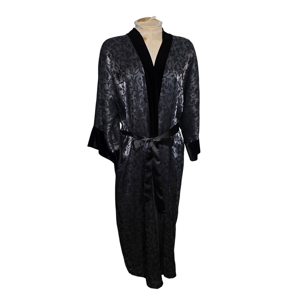 Vintage L.A. Intimates Womens Black Kimono Robe Size Large Floral Satin Romantic